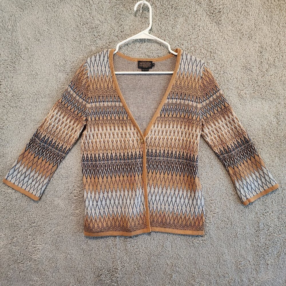 Pendleton Cardigan Linen Cotton Button Up Western Aztec 3/4 sleeve Sz S tan blue